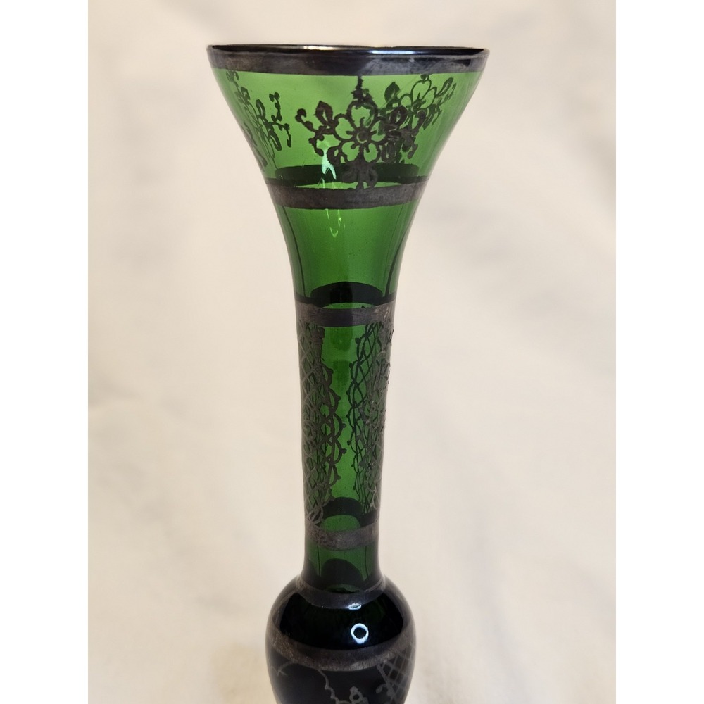 Bohemian Emerald Green Glass Silver Overlay Bud or Weed Vase - Beautiful - Picture 3 of 16